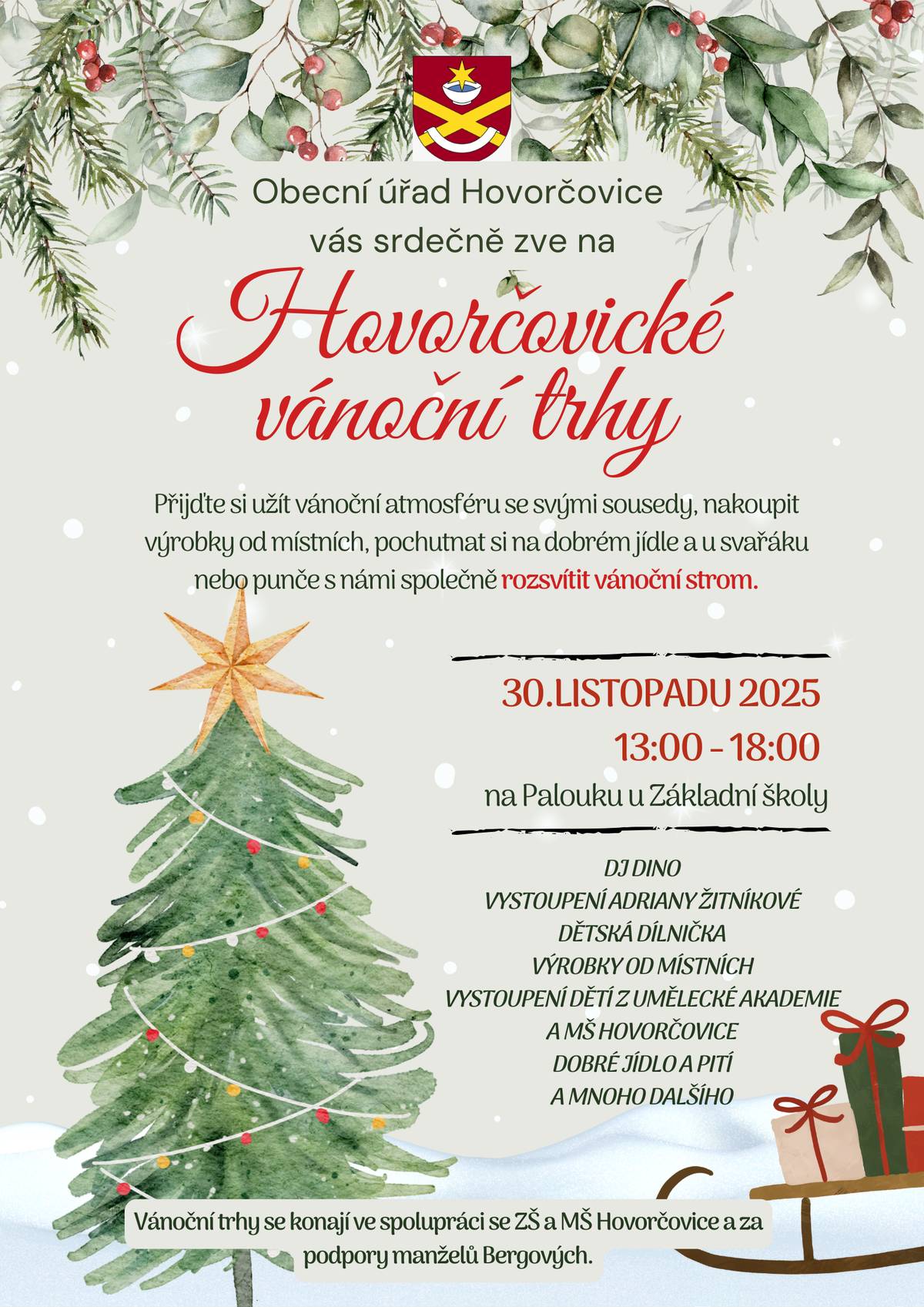 Přijďte si na Hovorčovické vánoční trhy užít sváteční atmosféru, podpořit místní prodejce, dát si něco dobrého a společně s námi rozsvítit vánoční strom. 🌟 🗓 30. listopadu, 13:00–18:00 📍 Palouk u Základní školy Těšíme se na vás!
