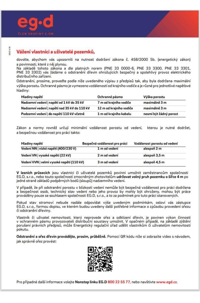 Informace o odstranění a ořezu dřevi