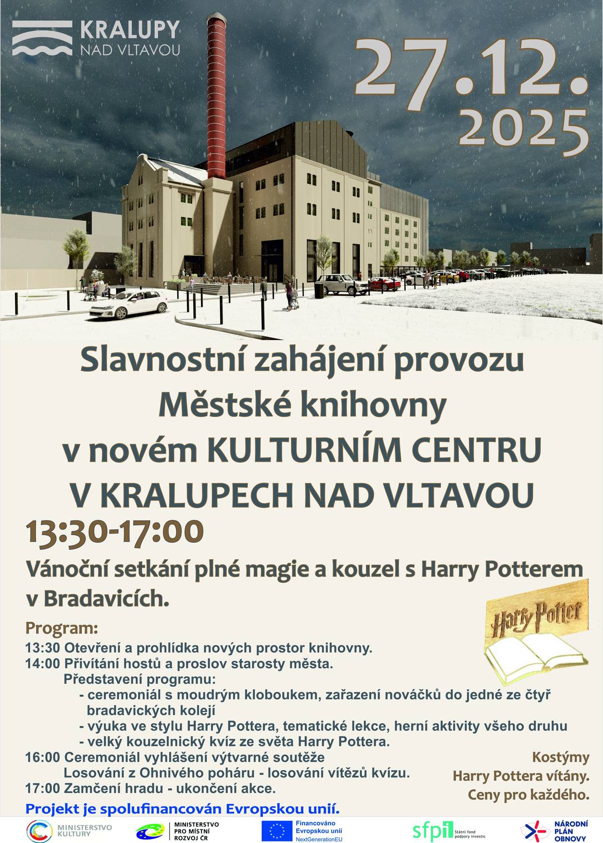 Vážení občané, zasíláme Vám podrobný program letošních adventních oslav, který je už nyní k dispozici zde: https://www.mestokralupy.cz/aktuality/4075 Zároveň chceme upozornit na další dvě akce, jež se uskuteční hned po Vánocích: 27. prosince 2025 se bude konat SLAVNOSTNÍ ZAHÁJENÍ PROVOZU MĚSTSKÉ KNIHOVNY V NOVÉM KULTURNÍM CENTRU V KRALUIPECH NAD VLTAVOU (program viz přiložený plakát). 1. ledna 2026 se uskuteční v blízkosti lávky a Masarykova mostu SILVESTROVSKÝ OHŇOSTROJ. Začátek v 19:00. Na všechny akce jste srdečně zváni!
