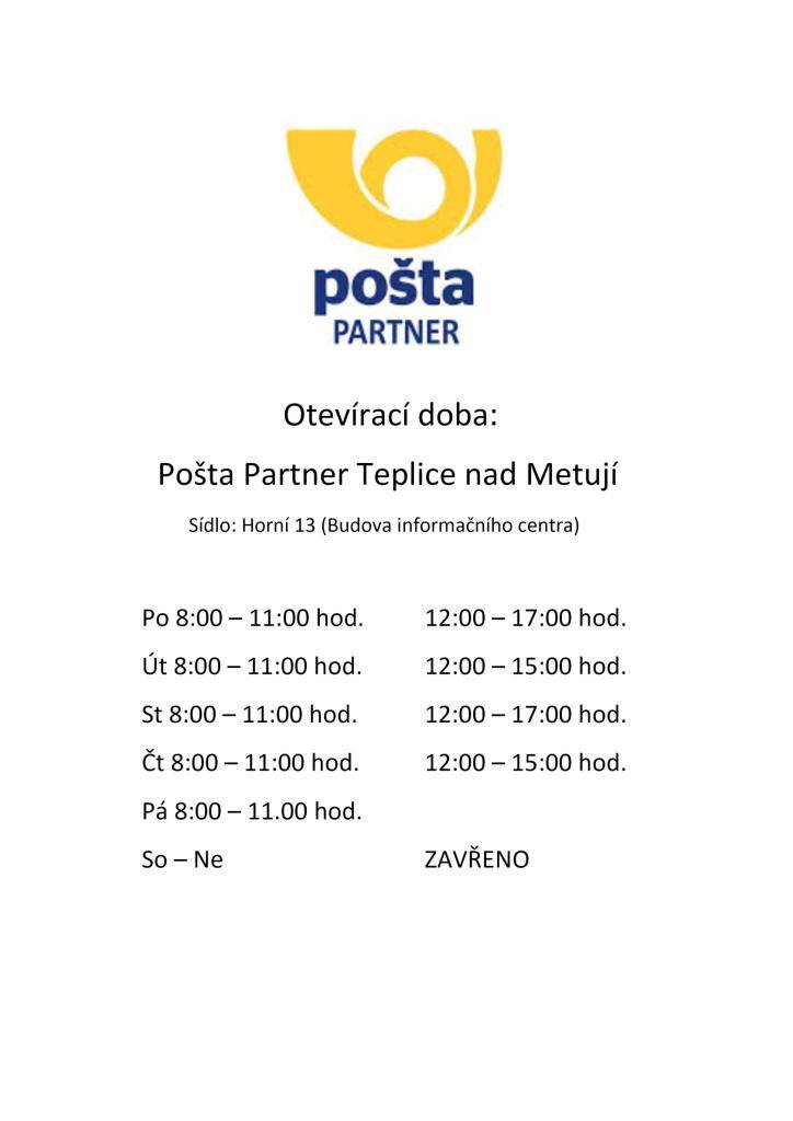 Věnujte prosím pozornost nové otevírací době pošty Partner. Ke změně dojde od 3. listopadu 2025.