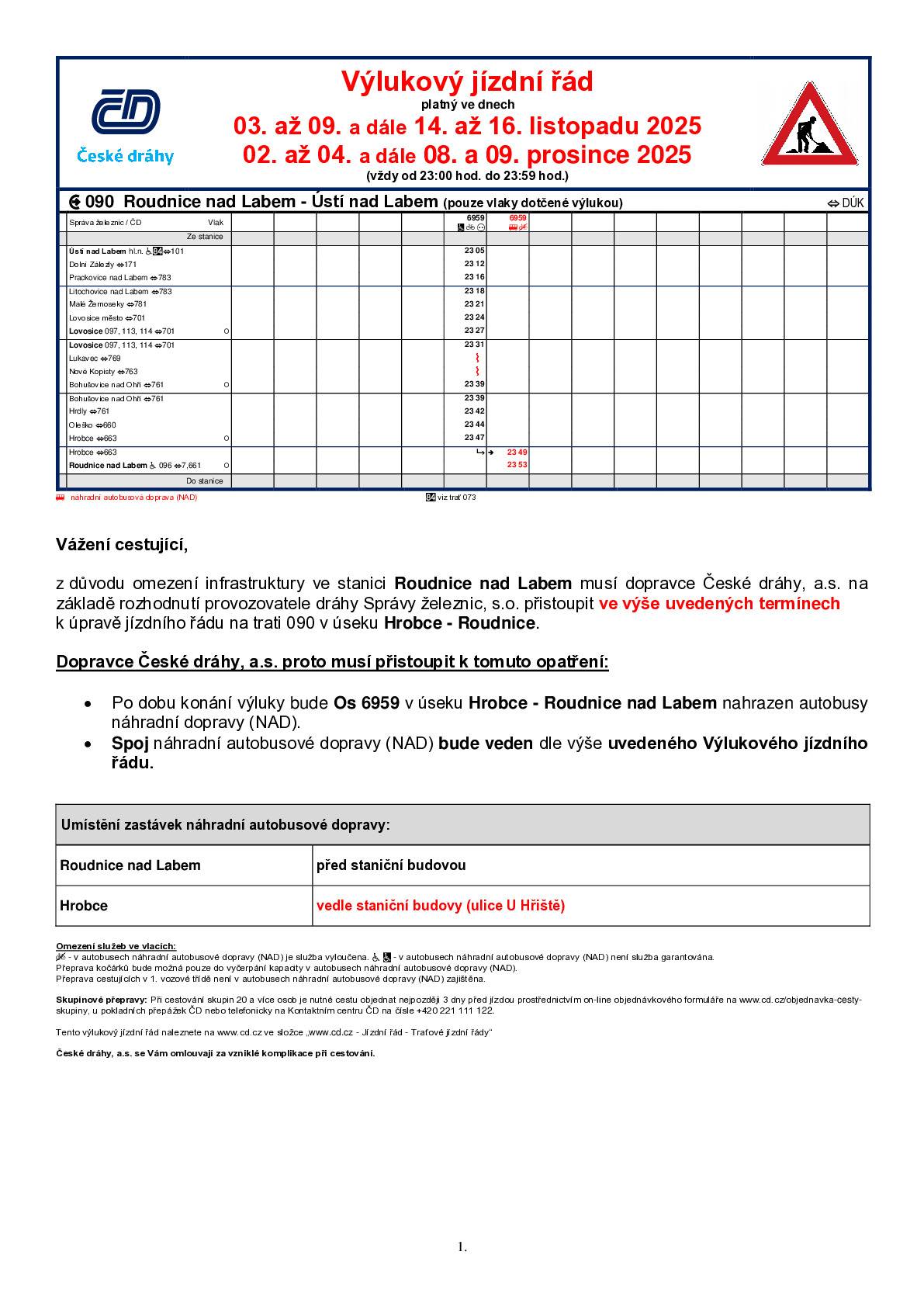Ve dnech 3. až 9. a dále 14. až 16. listopadu a 2. až 4. a dále 8. a 9. proscince 2025  v čase 23:00h až 23:59h bude probíhat omezení infrastruktury ve stanici Roudnice nad Labem. Po dobu konání výluky bude Os 6959 - v úseku Hrobce - Roudnice nad Labe nahrazen autobusem.