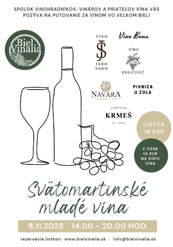 Spolok vinohradníkov, vinárov a priateľov vína vo Veľkom Bieli Vás srdečne pozýva na podujatie Svätomartinské mladé vína 2025 8.novembra 2025 od 14:00 do 20:00 hod.