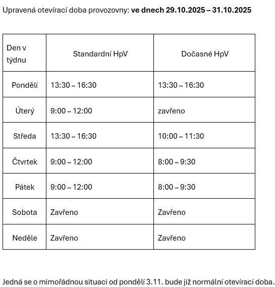 Upravená otevírací doba provozovny České pošty ve dnech 29.10.2025 – 31.10.2025 . Středa 10:00 – 11:30, Čtvrtek 8:00 – 9:30, Pátek 8:00 – 9:30