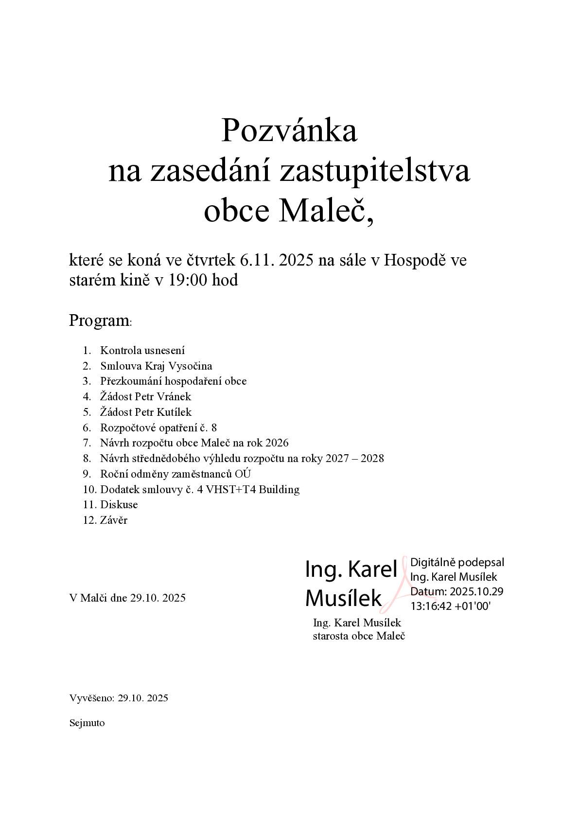 Pozvánka na zasedání zastupitelstva obce Maleč ve čtvrtek 6.11. 2025 v 19:00h na sále v Hospodě ve starém kině.