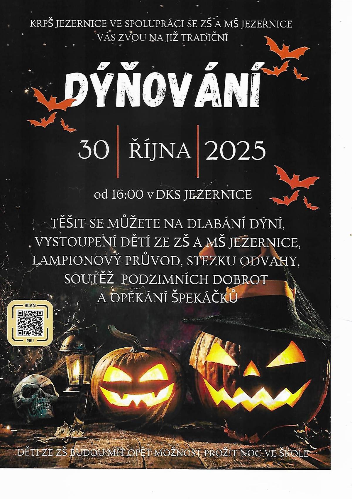 KRPŠ Jezernice ve spolupráci se ZŠ a MŠ Jezernice Vás zvou na již tradiční DÝŇOVÁNÍ, které se koná ve čtvrtek 30. října 2025 od 16 hodin v DKS Jezernice.