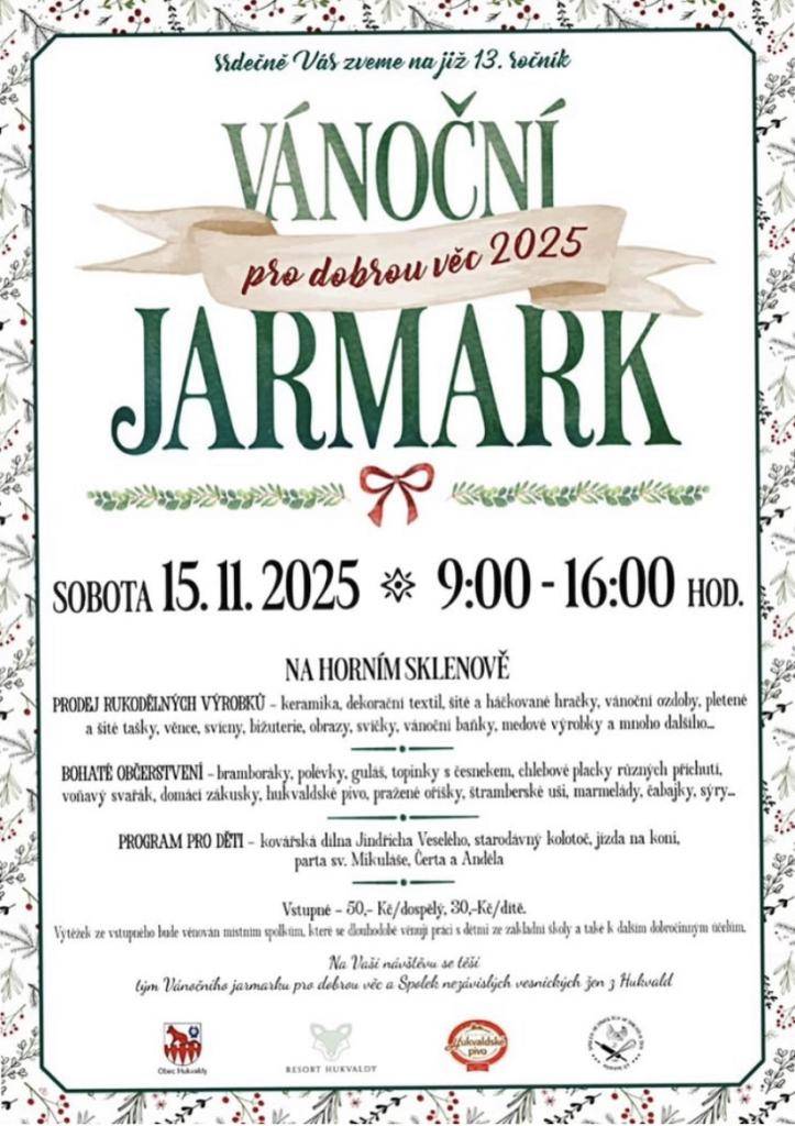 13. ročník jarmarku, se uskuteční v sobotu 15. listopadu 2025 od 9:00 do 16:00 na Horním Sklenově. Na akci si budete moci zakoupit rukodělné výrobky, jako jsou keramika, dekorační textil, vánoční ozdoby a další. Těšit se můžete také na bohaté občerstvení s tradičními pokrmy a nápoji.