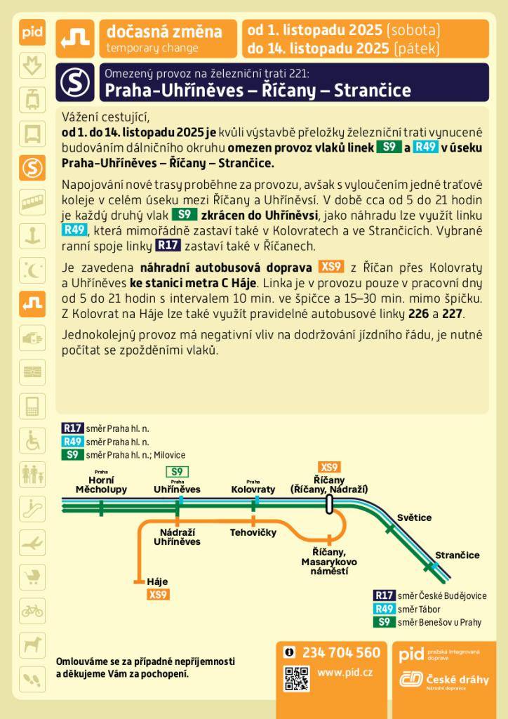 Kvůli stavbě pražského obchvatu bude v době od 3. do 7. listopadu a od 10. do 14. listopadu 2025 výluka na železniční trati mezi stanicemi Praha-Uhříněves – Říčany. V pracovní dny bude zaveden výlukový jízdní řád a zřízena autobusová linka XS9.