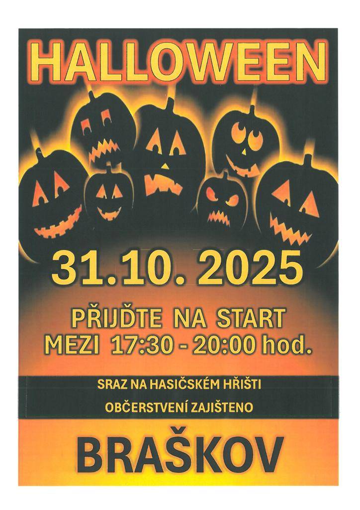 Braškov zve všechny na Halloweenskou stezku, která se uskuteční v sobotu 31. října 2025. Tato akce nabídne návštěvníkům strašidelné zážitky, soutěže a hry pro všechny věkové kategorie. Přijďte se pobavit do tematicky vyzdobeného prostředí, ochutnat podzimní dobroty a strávit příjemný čas s rodinou a