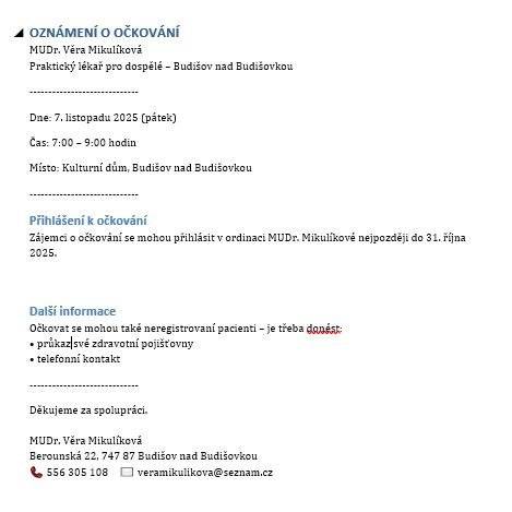 dne 7.11.2025 od 7:00 - 9:00 hod.