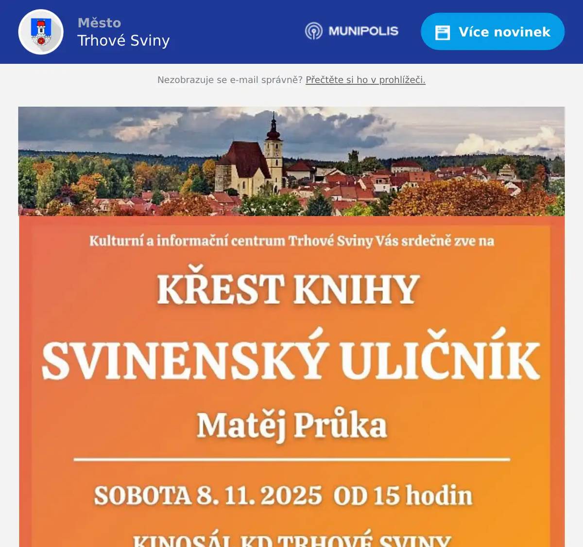 V sobotu 8.11. proběhne křest knihy Svinenský uličník. Od 15 hodin v kinosále KD Trhové Sviny.