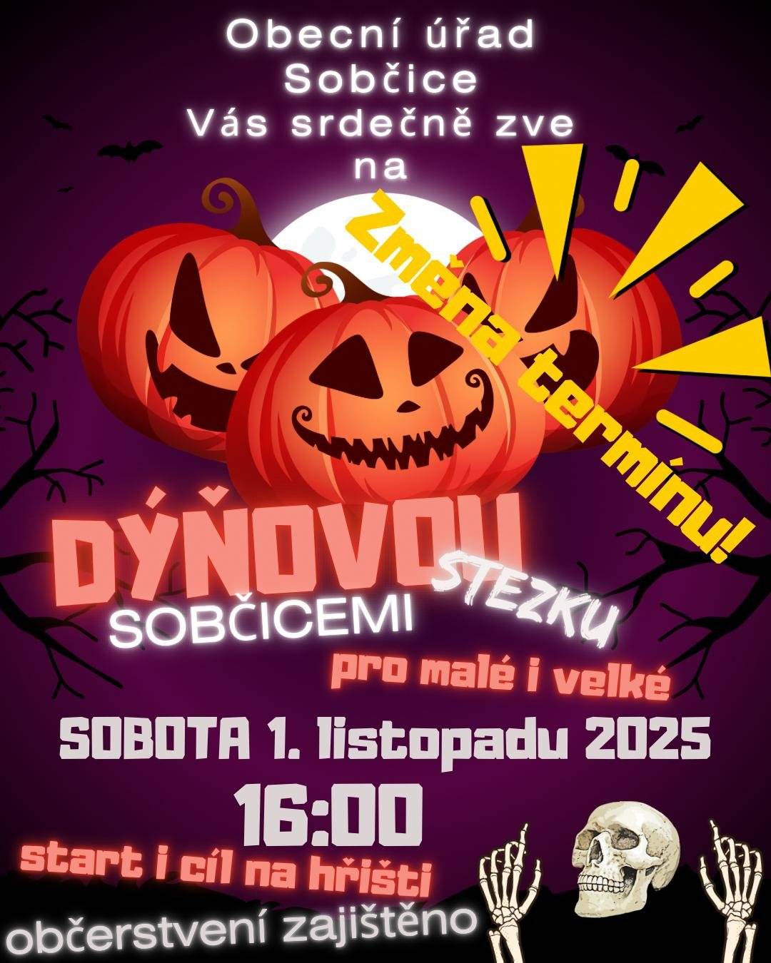 Loni jsme dýňovou stezku měli poprvé – a měla takový úspěch, že jsme si řekli: musíme to zopakovat!   Takže letos druhý ročník a můžete se těšit na ještě víc světýlek, dýní, strašidel i občerstvení. V sobotu 1.11. Od 16:00 - trasa povede z hřiště přes celou vesnici, dokonce i přes ZÁMECKOU ZAHRADU, a zpátky na hřiště. pro děti chystáme bojovku pro dospělé procházku třeba se svařákem ❗️Děti baterku s sebou❗️ Převleky i lampiony vítány Tak vezměte děti, babičky, dědečky, sousedy nebo jen sami sebe a přijďte si projít Sobčice v podzimním světle dýní. Těšíme se na Vás