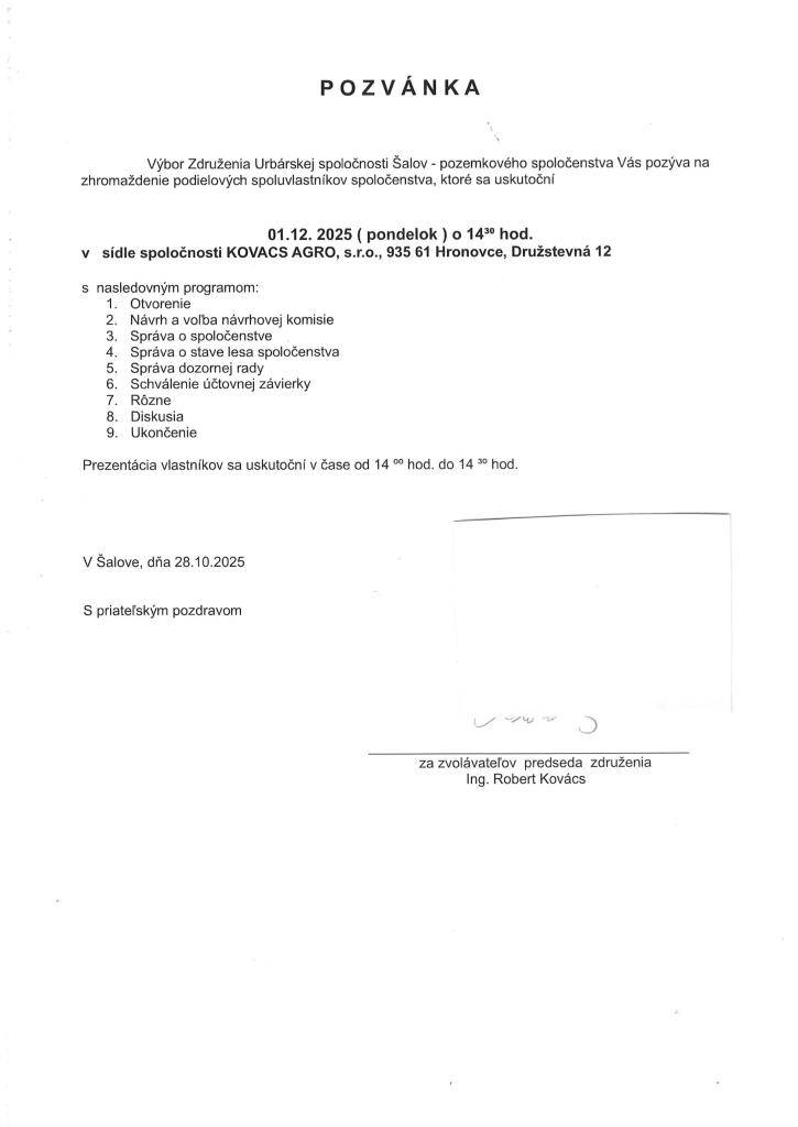 Pozvánka na zhromaždenie podielových spoluvlastníkov spoločenstva - Združenia Urbárskej spoločnsti Šalov
