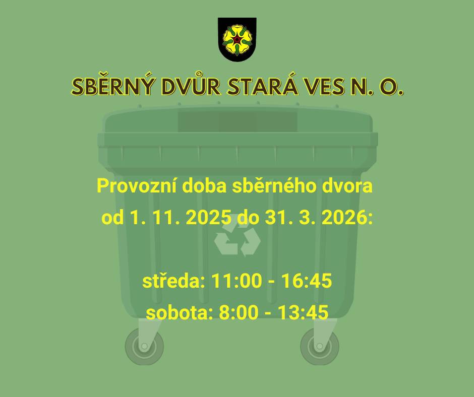 Připomínáme změnu provozní doby platnou od 1. 11. 2025 do 31. 3. 2026: středa od 11:00 do 16:45 a sobota od 8:00 do 13:45.