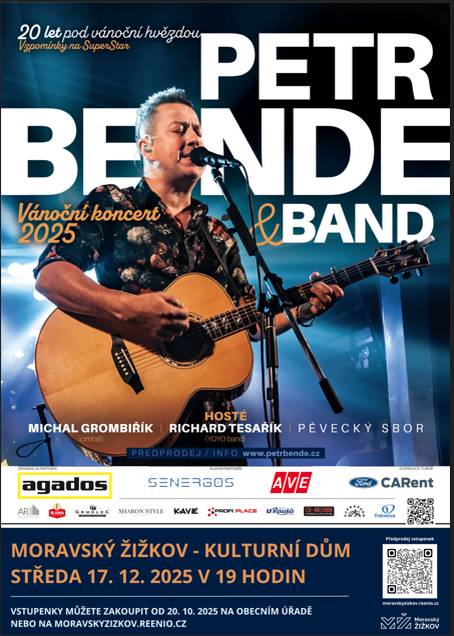 Obec Moravský Žižkov vás zve na Vánoční koncert Petra Bendeho s názvem 20 let pod vánoční hvězdou, který se koná ve středu 17.12. 2025 v 19:00 hodin v kulturním domě v Moravském Žižkově. Cena vstupenek v předprodeji 590 Kč/650 Kč, na místě 650 Kč/700 Kč.