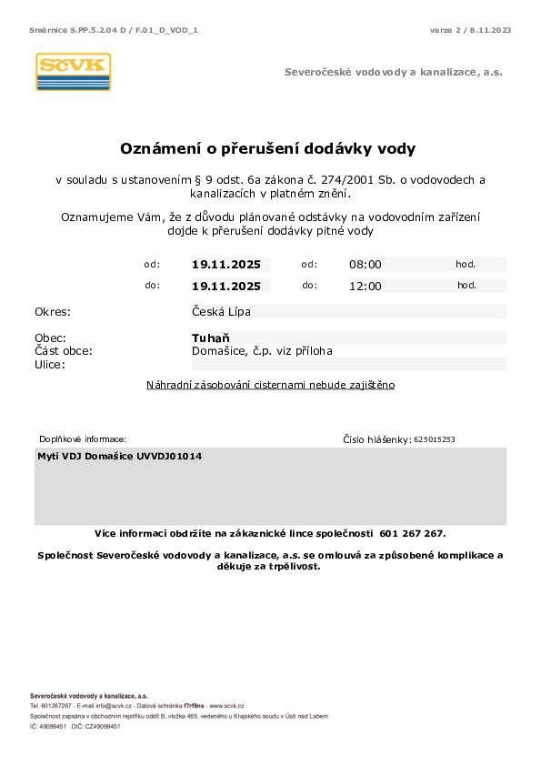 19.11.2025 8:00-12:00 plánovaná odstávka dodávky pitné vody v Domašicích