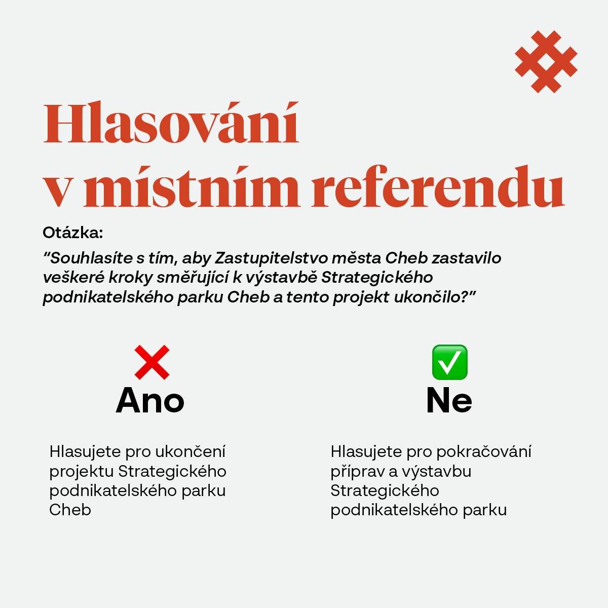 V sobotu 8. listopadu 2025 od 8:00 do 20:00 proběhne v našem městě místní referendum, ve kterém bude možné se vyjádřit k dalšímu postupu města v projektu Strategického podnikatelského parku Cheb.  Otázka, která nebyla definovaná městem, ale přípravným výborem referenda, může být pro spoustu lidí zmatečná. Pojďme se proto podívat na to, co která odpověď znamená. „Souhlasíte s tím, aby Zastupitelstvo města Cheb zastavilo veškeré kroky směřující k výstavbě Strategického podnikatelského parku Cheb a tento projekt ukončilo?“  Pokud zaškrtnete ANO,  hlasujete pro ukončení projektu Strategického podnikatelského parku Cheb. ❌ Pokud zaškrtnete NE,  hlasujete pro pokračování příprav projektu Strategického podnikatelského parku Cheb. ✅