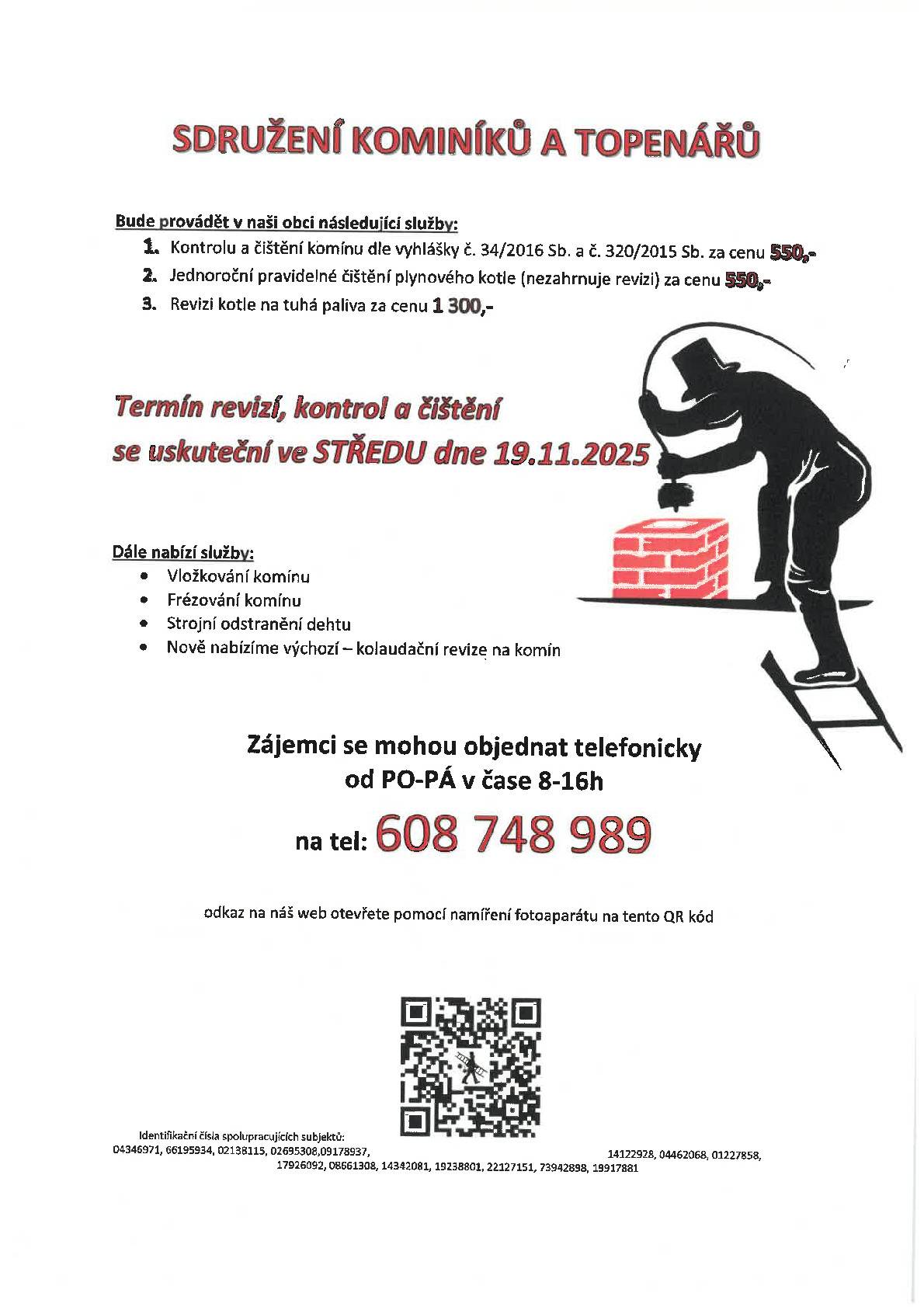 Termín revizí, kontrol a čištění se uskuteční ve STŘEDU dne 19.11.2025