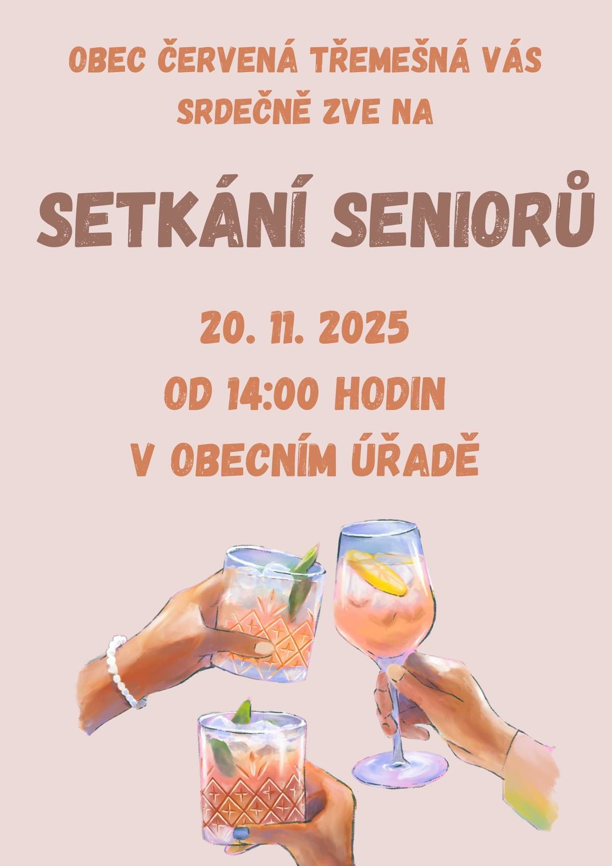 Obec Červená Třemešná vás srdečně zve na seniorské posezení, které se uskuteční 20.11.2025 od 14:00 hodin.