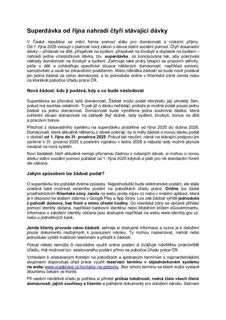 Od 1. října 2025 vstoupí v platnost nový zákon o dávce státní sociální pomoci.