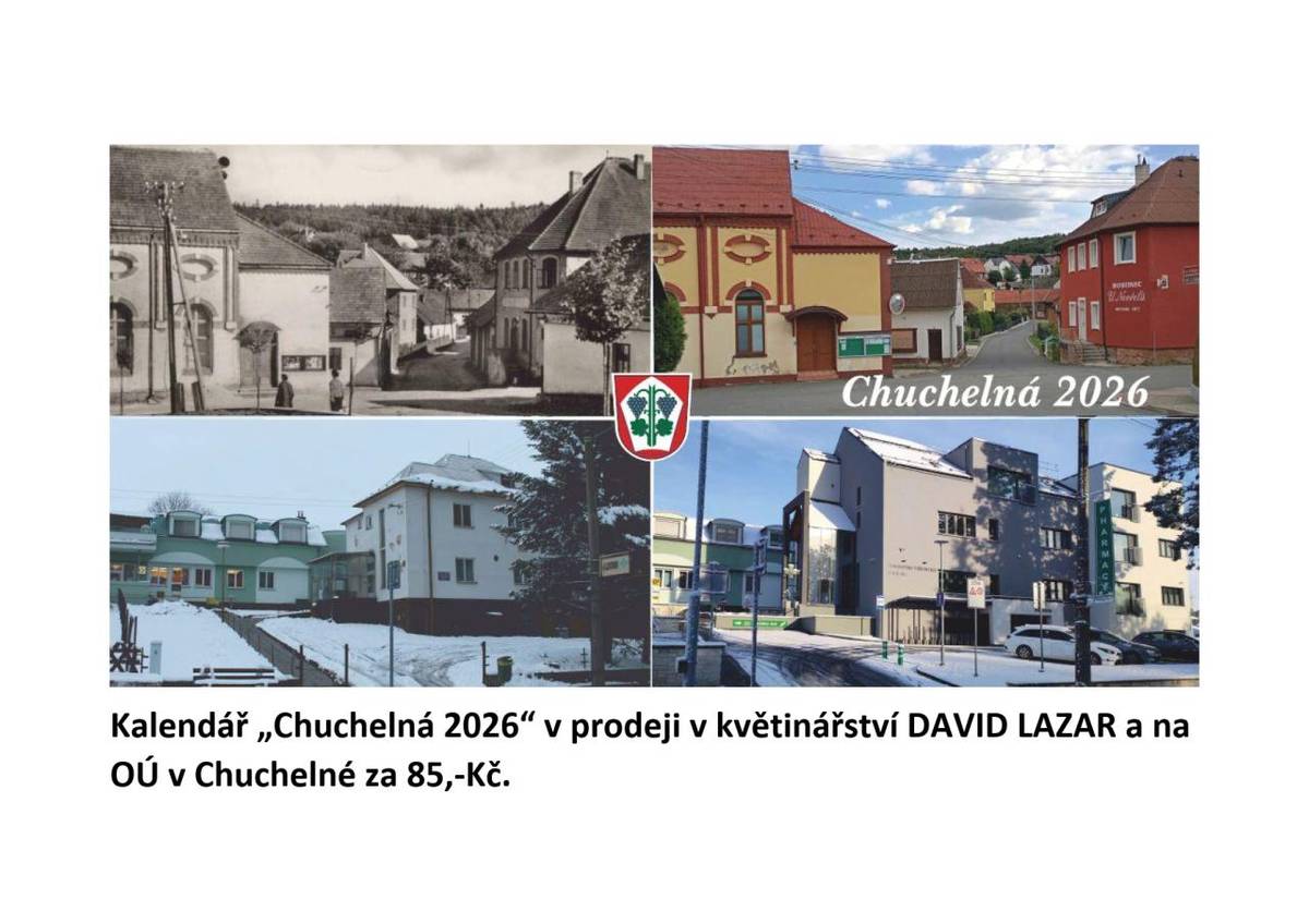 Kalendář pro následující rok si můžete zakoupit v květinářství DAVID LAZAR nebo na Obecním úřadě v Chuchelné.  Cena kalendáře je 85 Kč.