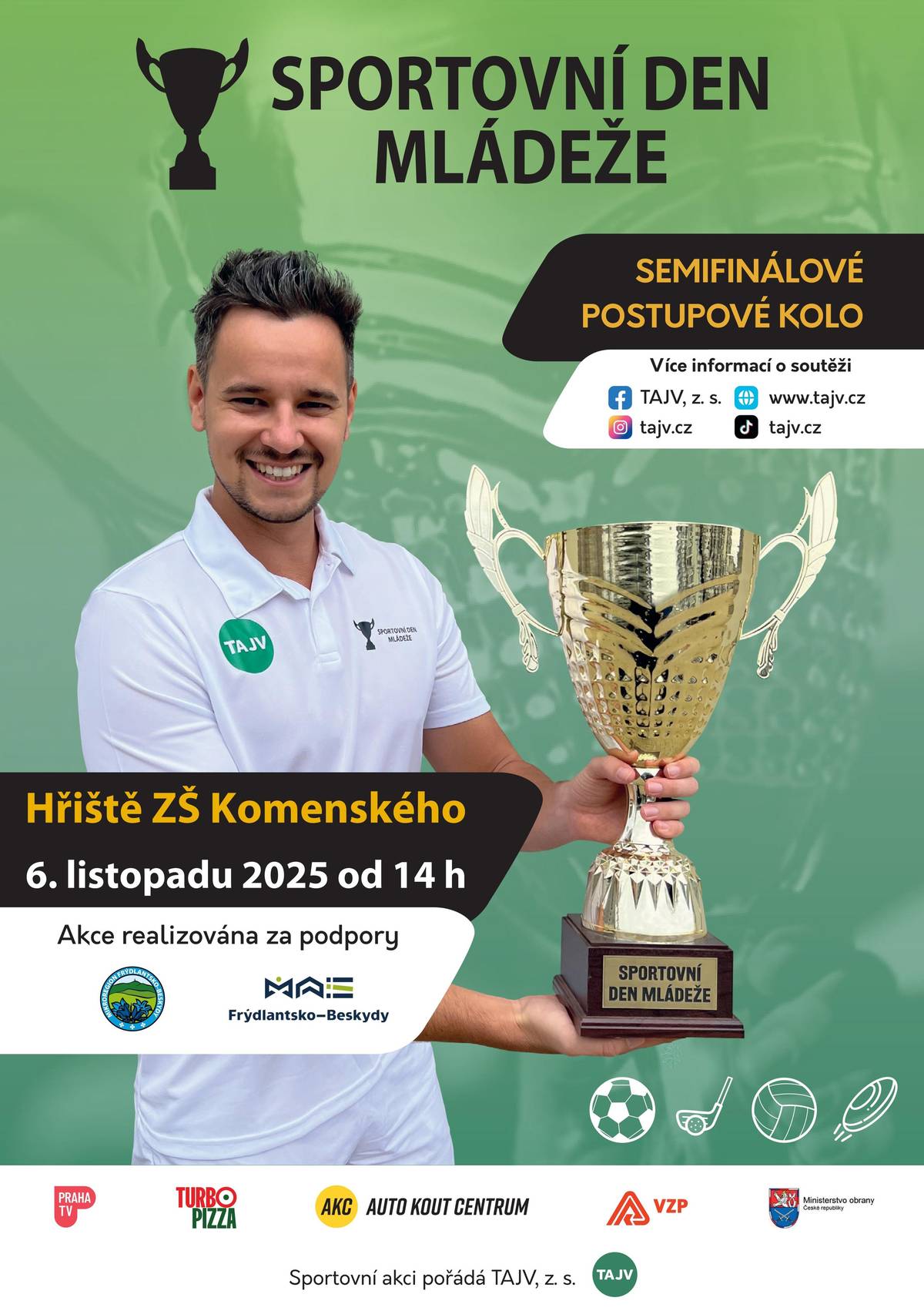 Srdečně zveme všechny děti i rodiče na tradiční odpolední sportovní turnaj TAJV OPEN ve Frýdlantě nad Ostravicí! ⚽🏀🏐  📅 KDY: čtvrtek 6. listopadu 2025 od 14:00 📍 KDE: na hřišti u základní školy na ulici Komenského 🌦️ PŘI NEPŘÍZNIVÉM POČASÍ: akce proběhne v tělocvičně  💚 Účast je dobrovolná a zdarma. Přijďte si zasportovat, fandit a užít si skvělou atmosféru! ✨