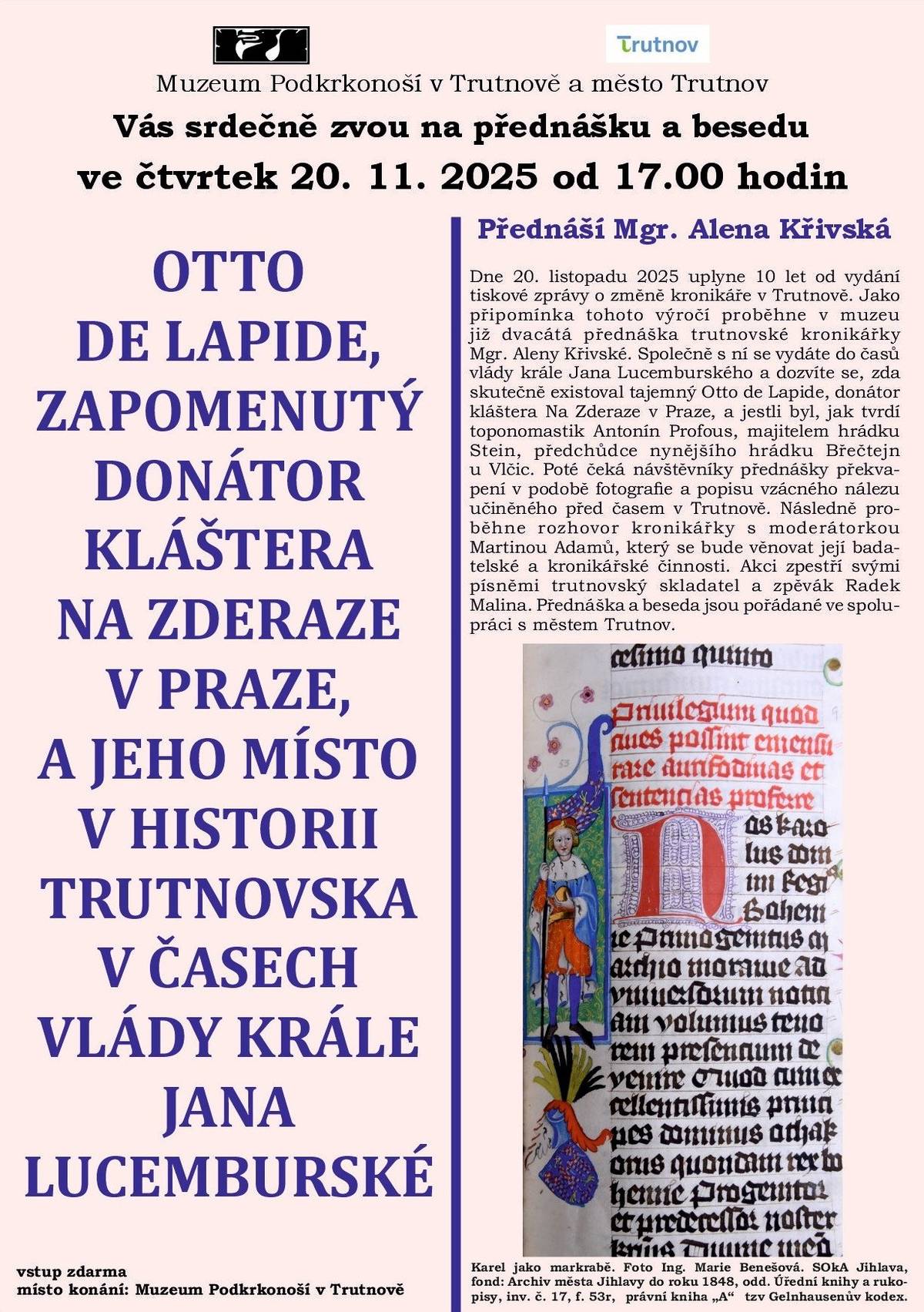 Pozvánka na přednášku, kde se dozvíte více i o hrádku Břečtejn u Vlčic