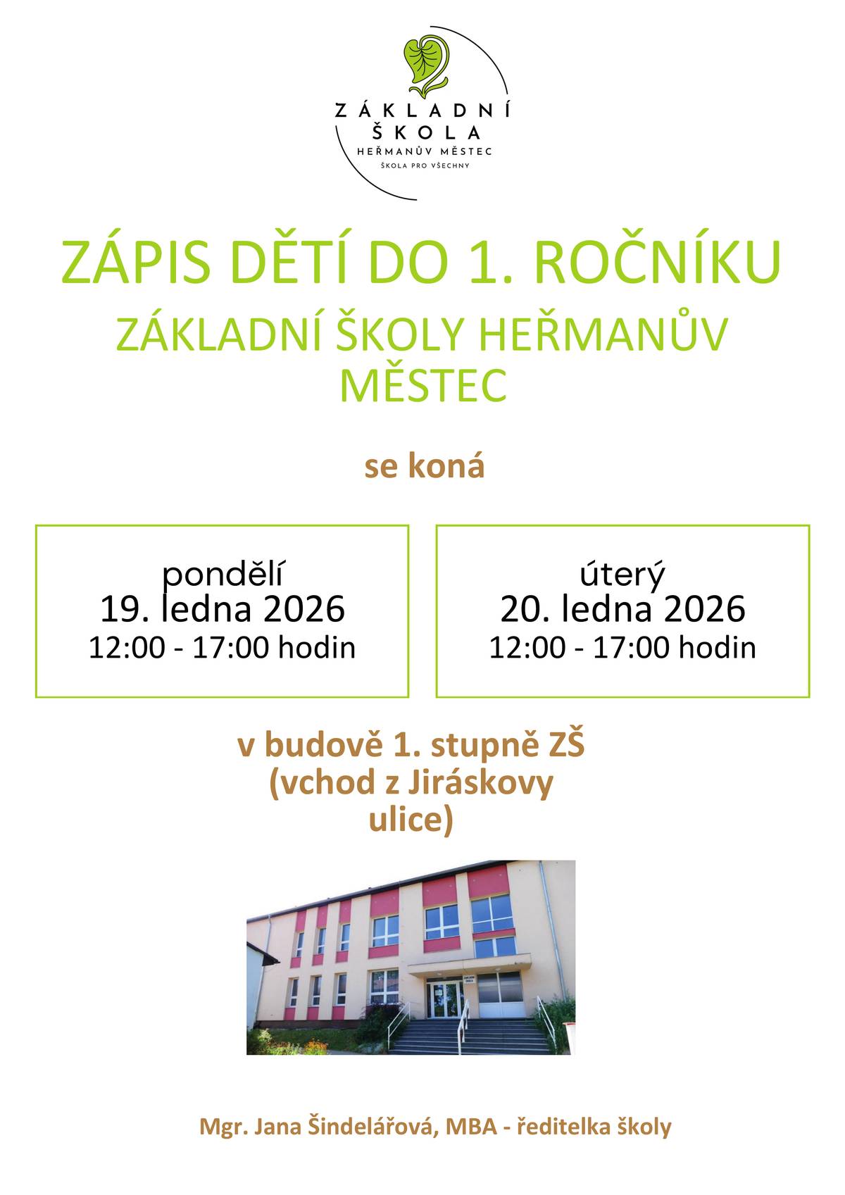 Základní škola Heřmanův Městec informuje o konání zápisu dětí do 1. ročníku, který se uskuteční 19. a 20. ledna 2026.