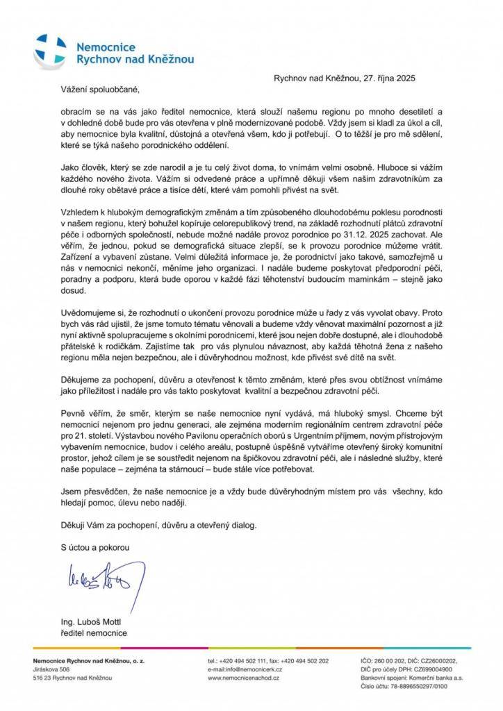Otevřený dopis Ing. Luboše Mottla, ředitele Nemocnice Rychnov nad kněžnou, o ukončení provozu Rychnovské porodnice k 31.12.2025.