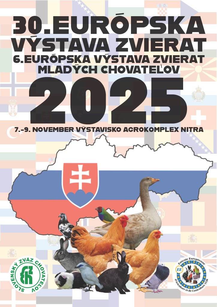 Pozývame vás na výnimočnú chovateľskú akciu  na Slovensku , jedná sa  jubilejnú 30.Európsku výstavu zvierat a 6. Európsku výstavu  mladých chovateľov  na ktorej sa predstaví viac ako 22 500 zvierat  hydina, holuby, králiky, exotické vtáctvo a morčatá  z 23 krajín Európy, ktoré zaplnia všetky pavilóny na výstavisku Agrokomplex v Nitre.
