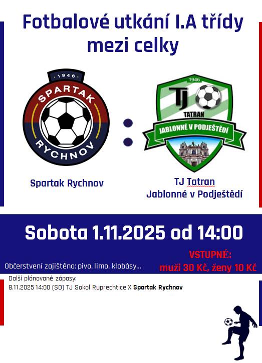 Spartak Rychnov Vás zve od 14 h na fotbalové utkání na domácím hřišti.