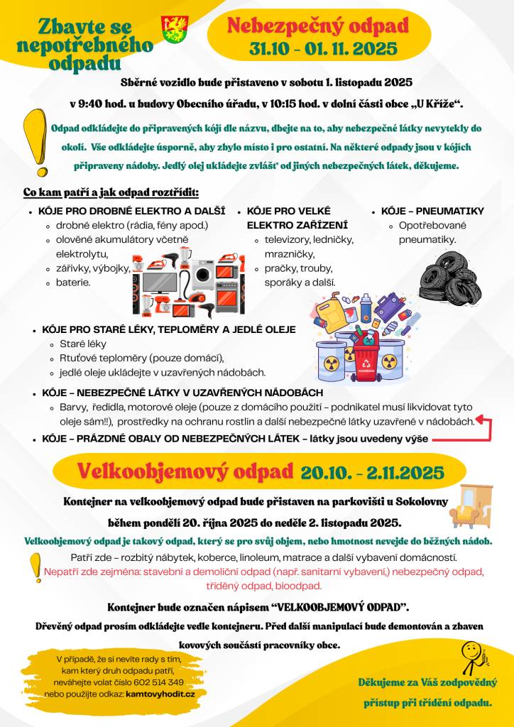 V sobotu 1. listopadu 2025 se v obci uskuteční sběr nebezpečného odpadu. Sběrné vozidlo bude přistaveno u Obecního úřadu v 9:40 hod. a poté se přesune do dolní části obce „U Kříže“ v 10:15 hod. Prosíme občany, aby odpad odkládali do připravených kójí a dbali na to, aby nebezpečné látky nevytekly do