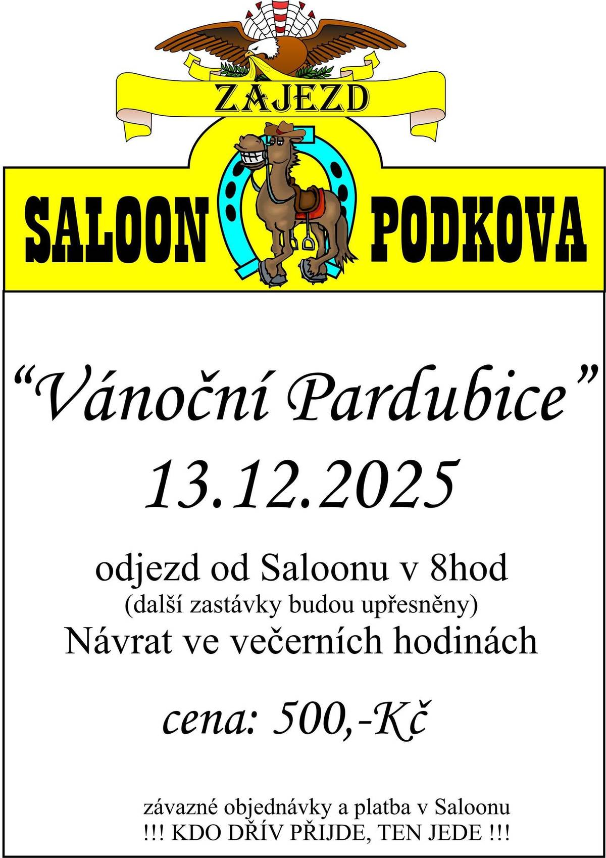 Saloon Podkova pořádá zájezd na Vánoční trhy v Pardubicích.