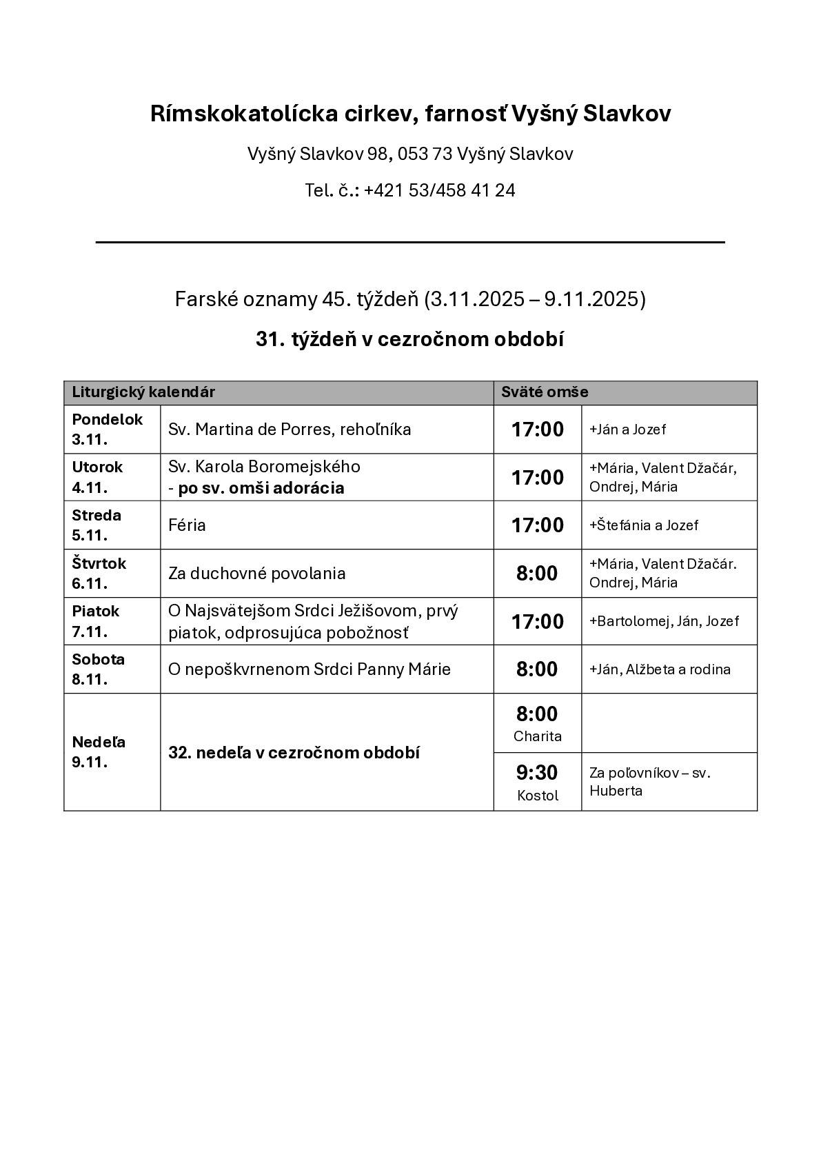 Farské oznamy na 45. týždeň
