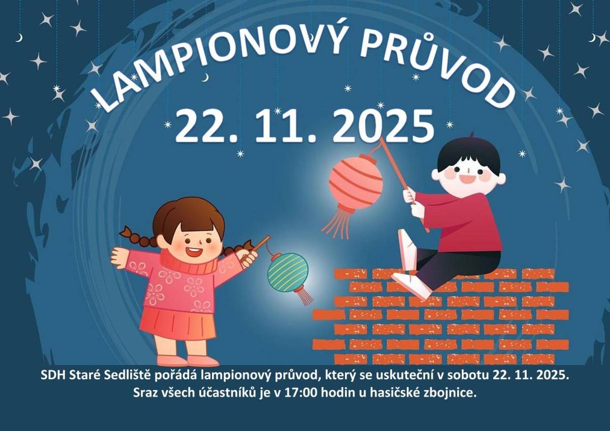 SDH Staré Sedliště vás srdečně zve na lampionový průvod, který se koná v sobotu 22. listopadu 2025. Sraz všech účastníků proběhne v 17:00 hodin u hasičské zbojnice. Přijďte si užít příjemné odpoledne a podívat se na krásné lampiony v naší obci.