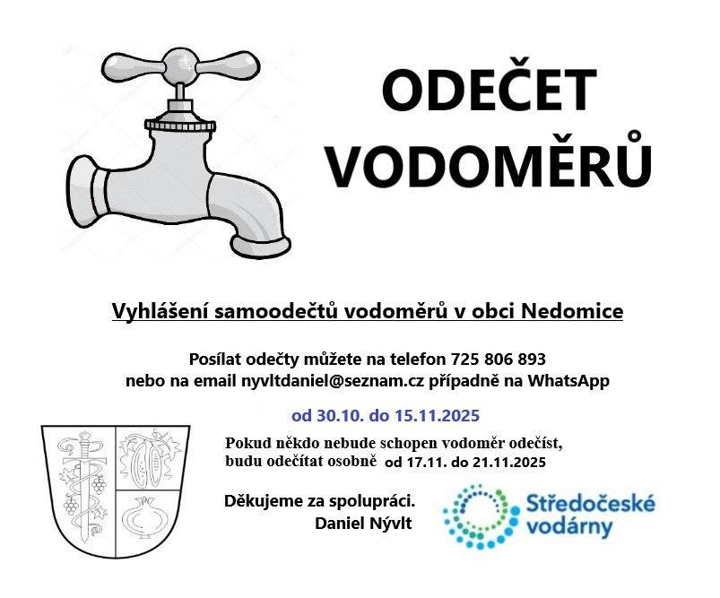 V listopadu proběhne odečet vodoměrů pro Středočeské vodárny kvůli roční fakturaci odběru pitné vody.