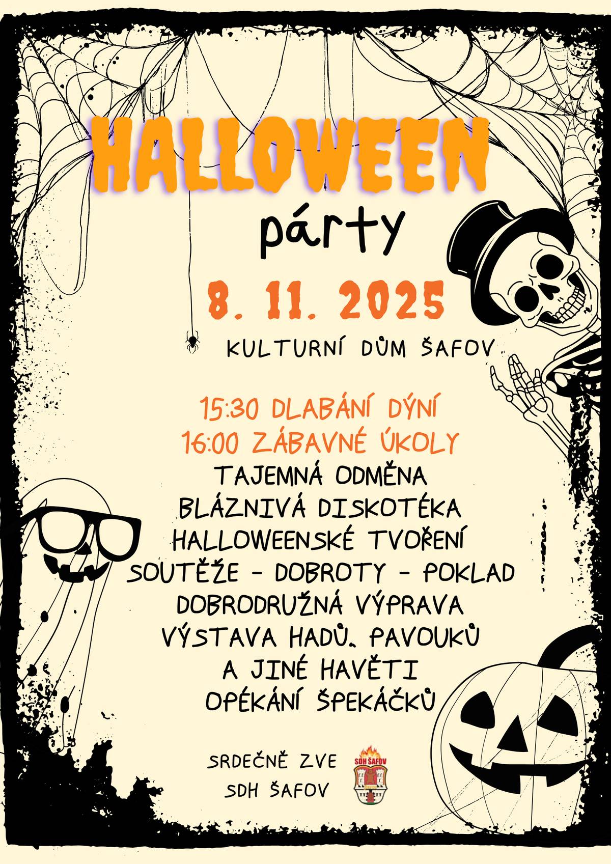 Obec Šafov zve na Halloween party v sobotu 8.11.2025  od 15:30 hodi