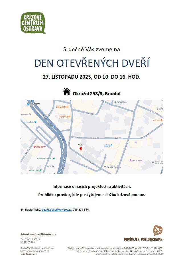 Informujeme vás o akci krizového centra "Den otevřených dveří", který se koná 27. listopadu 2025 od 10 do 16 hodin v Bruntále. Na akci budete mít příležitost se informovat o projektech a aktivitách a prohlédnout si prostory, kde poskytují krizovou pomoc.