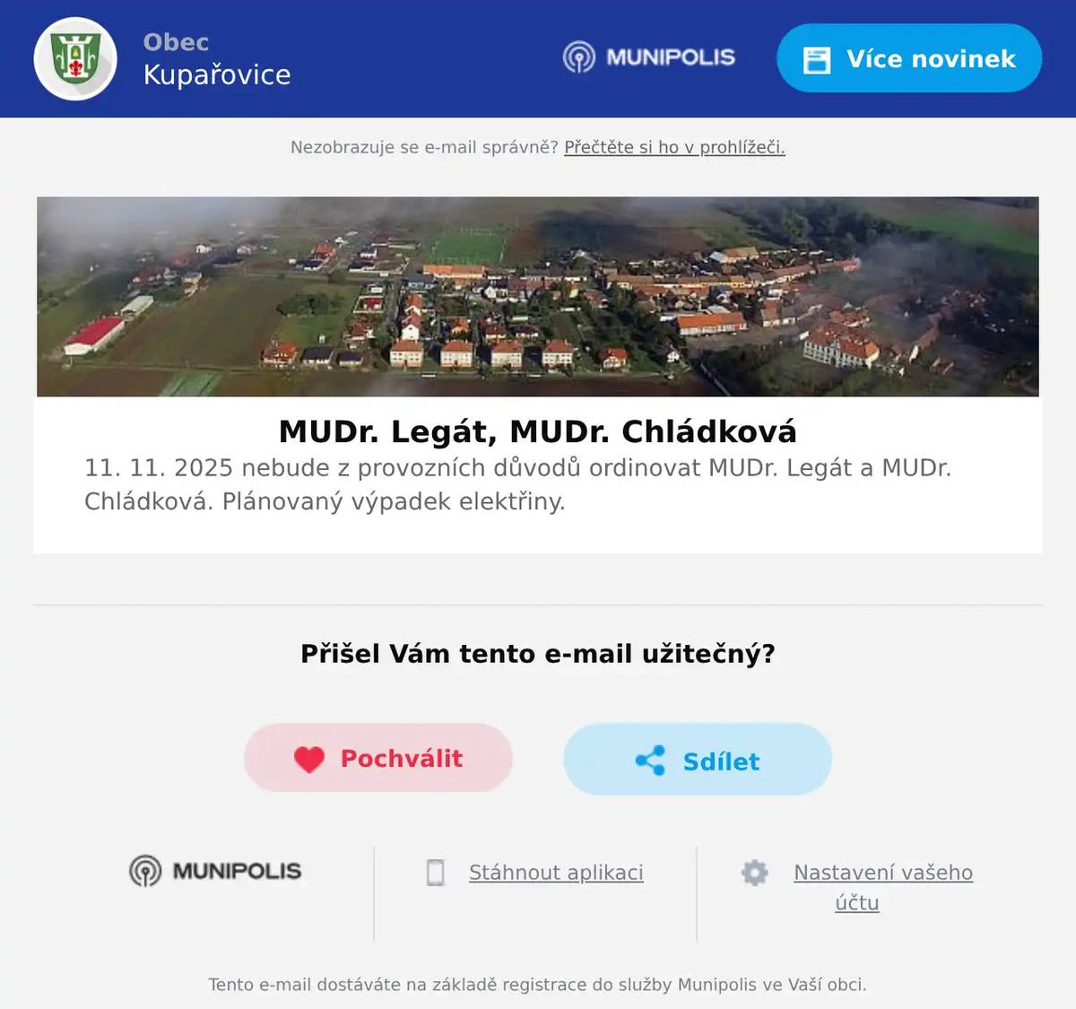 MUDr. Legát, MUDr. Chládková 11. 11. 2025 nebude z provozních důvodů ordinovat MUDr. Legát a MUDr. Chládková. Plánovaný výpadek elektřiny.