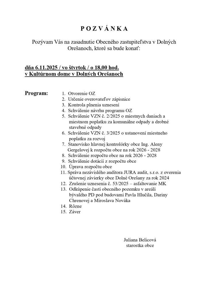 Pozvánka na zasadnutie OZ