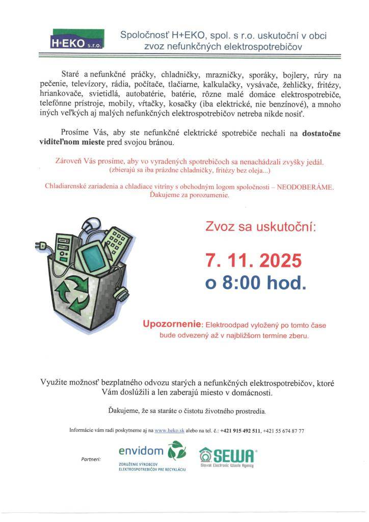 Zber elektroodpadu 07.11.2025 o 8:00 hod.