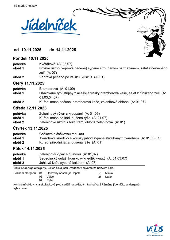 Jídelní lístek na týden 10. 11. 2025 - 14. 11. 2025.
