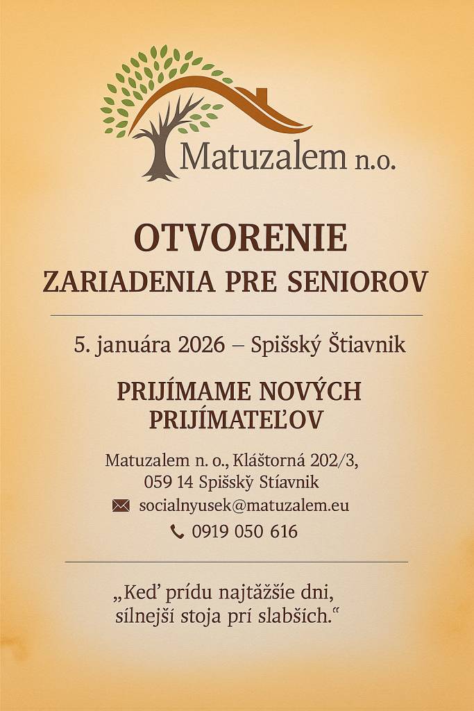 Nezisková organizácia Matuzalem n. o. od 5. januára 2026 otvára v Spišskom Štiavniku (Kláštorná 202/3, okres Poprad) zariadenie pre seniorov s celoročnou pobytovou službou (kapacita 31 miest).  Kontakt pre prihlášky a otázky:  e-mail: socialnyusek@matuzalem.eu  telefón: +421 919 050 616