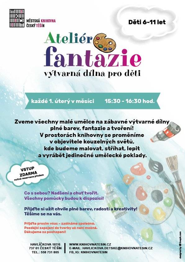 Přijďte si dnes užít zábavné výtvarné dílny pro malé umělce plné barev, fantazie a tvoření!  Místo je nutné si předem rezervovat. Vstup zdarma