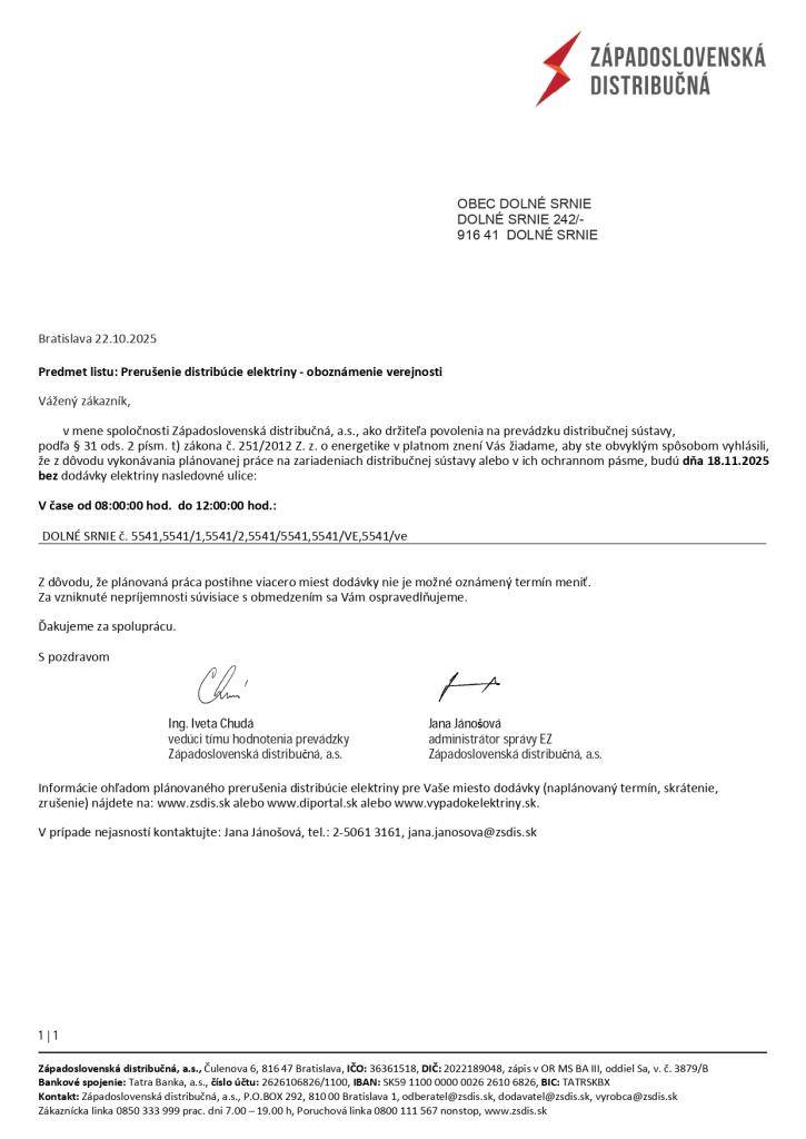 PRERUŠENIE DISTRIBÚCIE ELEKTRINY 18.11.2025