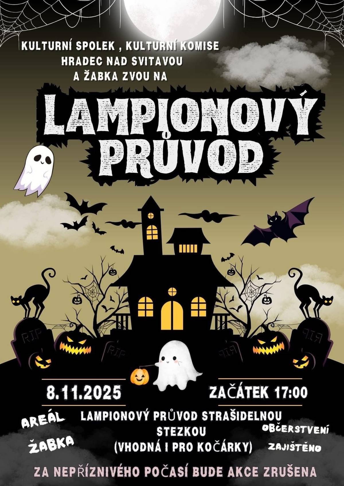 Kulturní spolek a komise Vás zvou na Lampionový průvod, který se uskuteční v sobotu 8. listopadu. Sraz je v areálu hospůdky Žabka, která bude otevřena už před 16. hodinou. Můžete se zde před cestou občerstvit a zahřát teplým nápojem. V 17 hodin se společně vydáme na strašidelnou trasu lampionového průvodu. Těšíme se na všechny odvážlivce.