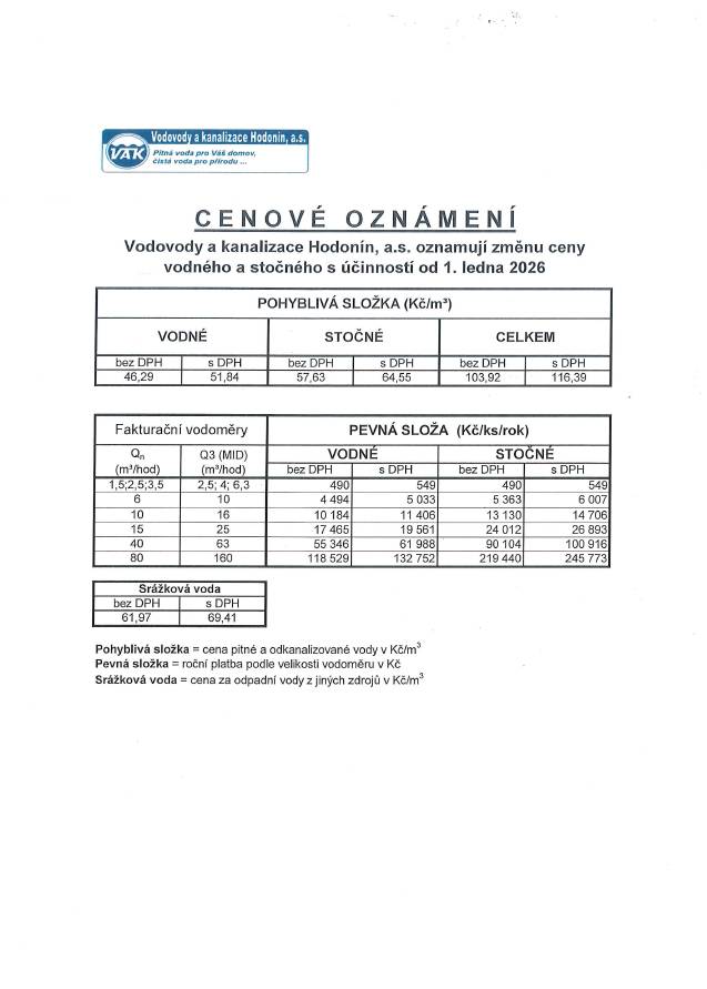 Vodovody a kanalizace Hodonín, a.s. oznamují změnu ceny vodného a stočného s účinností od 1. ledna 2026