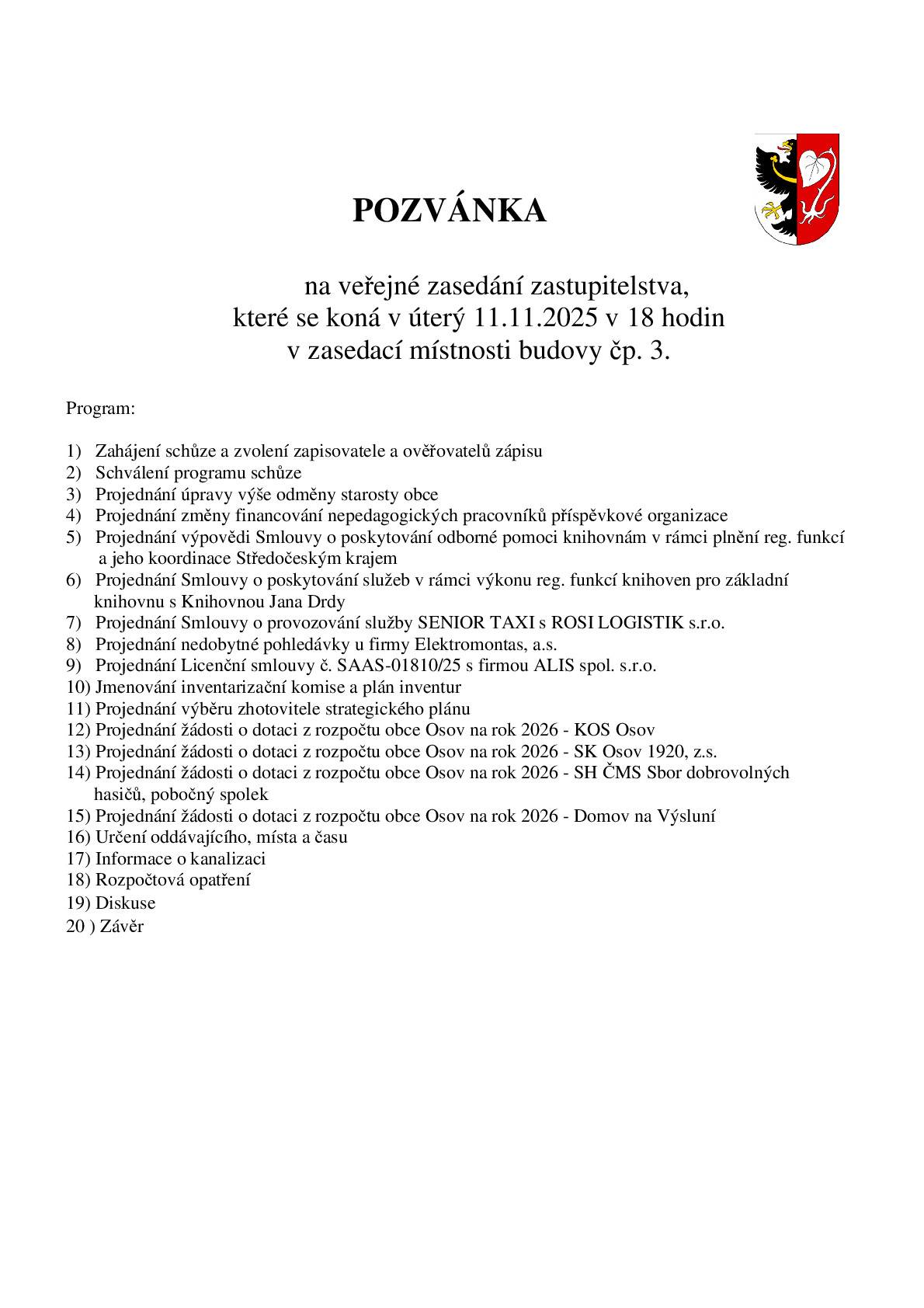 Pozvánka na veřejné zasedání zastupitelstva