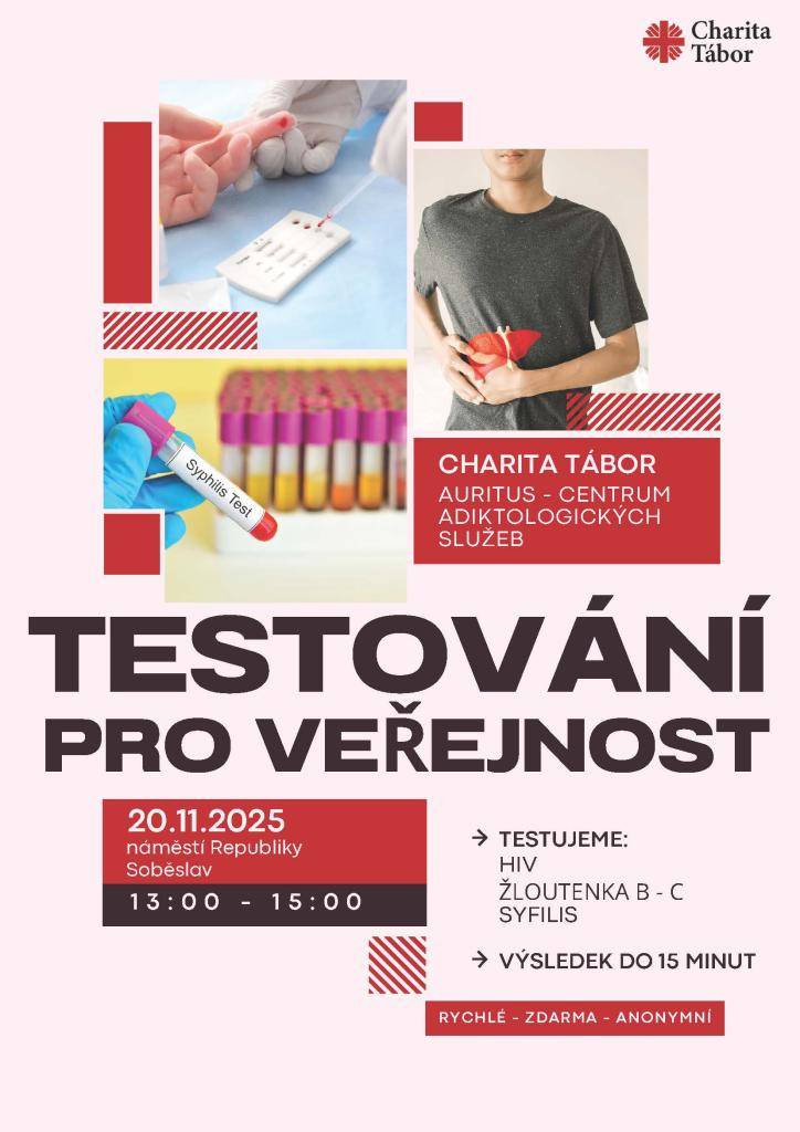 Jedná se o bezplatné a anonymní testování na HIV, virovou hepatitidu B a C a syfilis, které se uskuteční ve čtvrtek 20. 11. 2025 od 13 do 15 hodin.