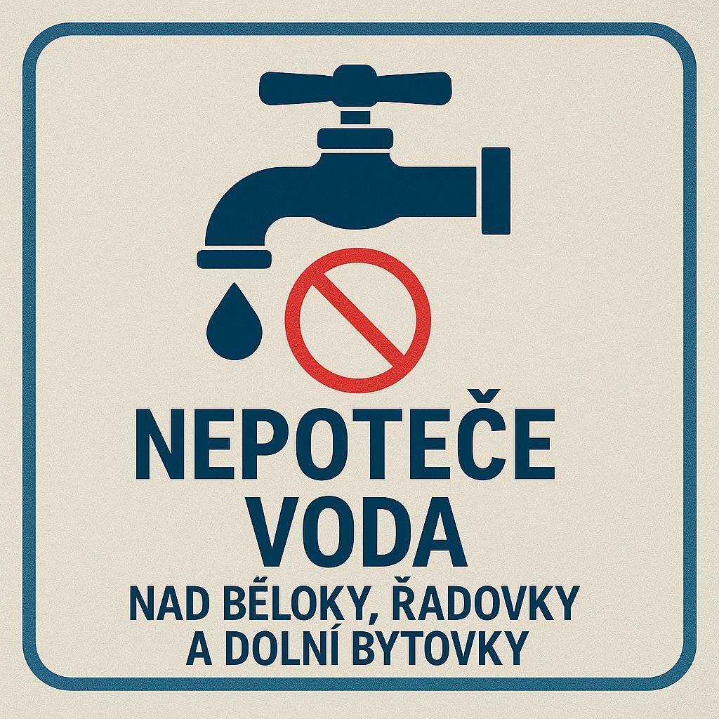 Zítra 6. 11. 2025 nepoteče zhruba od 8:00 voda v dolní části Lidické ulice (Řadovky, Dolní bytovky) a v lokalitě Nad Běloky. Omezení potrvá asi 1 hodinu.        Omlouváme se za komplikace. Bohužel nefungují řádně šoupata a nelze tedy dokončit vodoměrná šachta Nad Běloky.