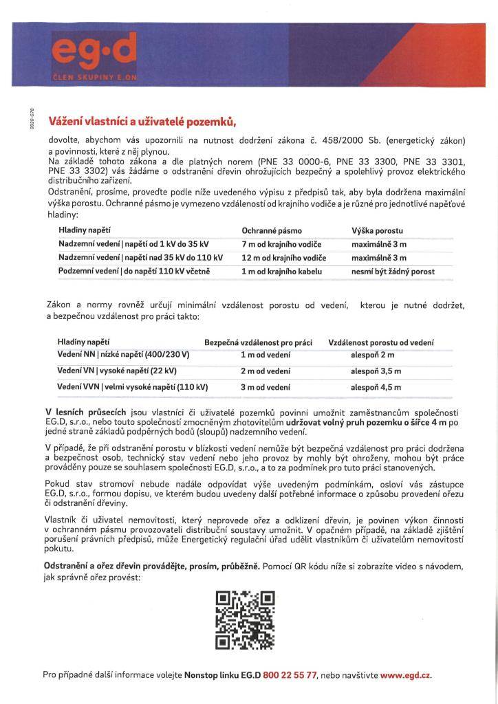 Upozornění na nutnost odstranění dřevin ohrožujících bezpečný a spolehlivý provoz elektrického distribučního zařízení.